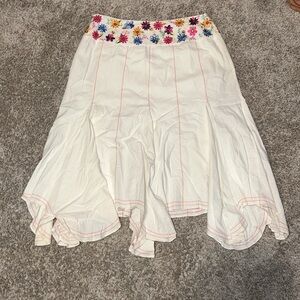 Saint Tropez West Linen Floral Embroidered Waist Flowy White Skirt Size 14